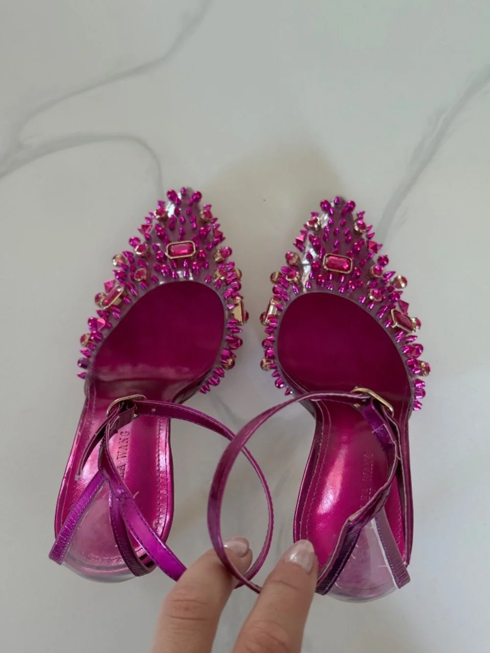 Azalea Wang Arthelia Pink Crystal Embellished Clear Pumps - Picture 13 of 14